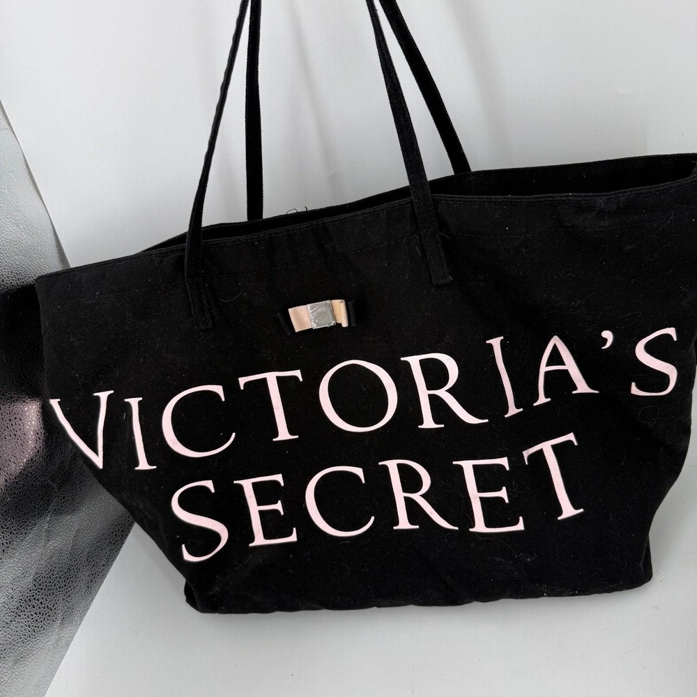Victoria's Secret Black Canvas Logo Tote Bag Light Pink Writing VS